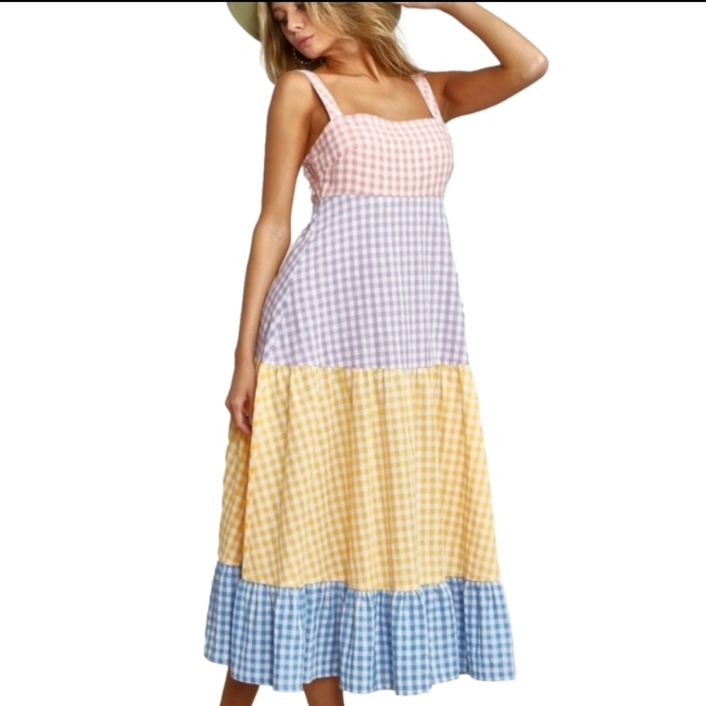 NWT Bibi Pastel Color Block Gingham Check Print Sleeveless Tiered Midi Dress